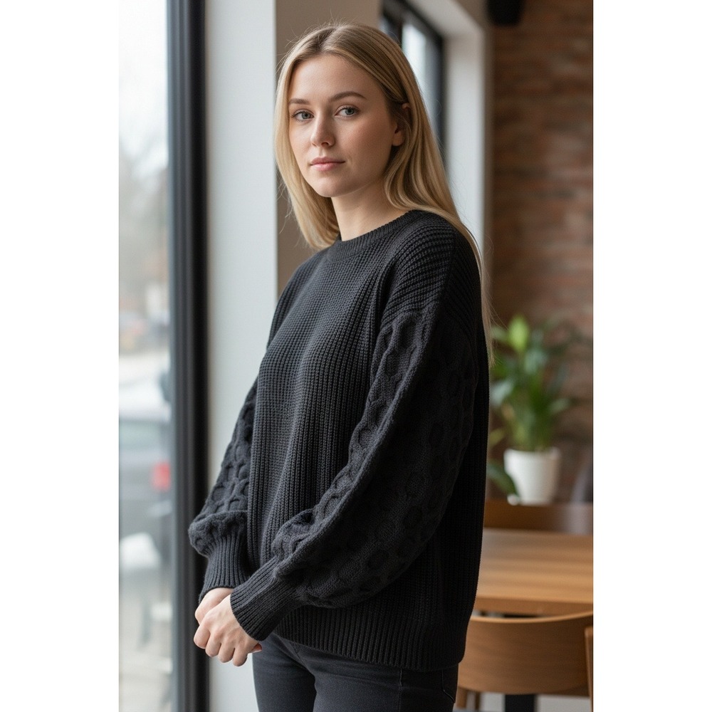 Pretty Garden Black Cable Knit Puff Sleeve Sweater Women's‎ Size L Cozy Casual